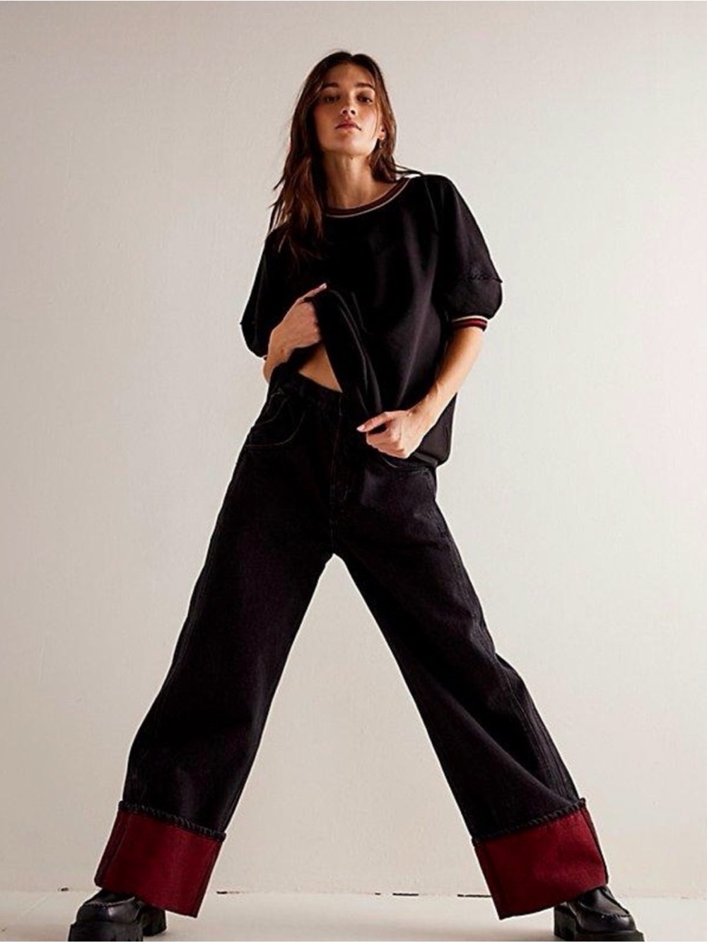 NWT Free People Final Countdown Black Wide-Leg Baggy Jeans with Red Cuff